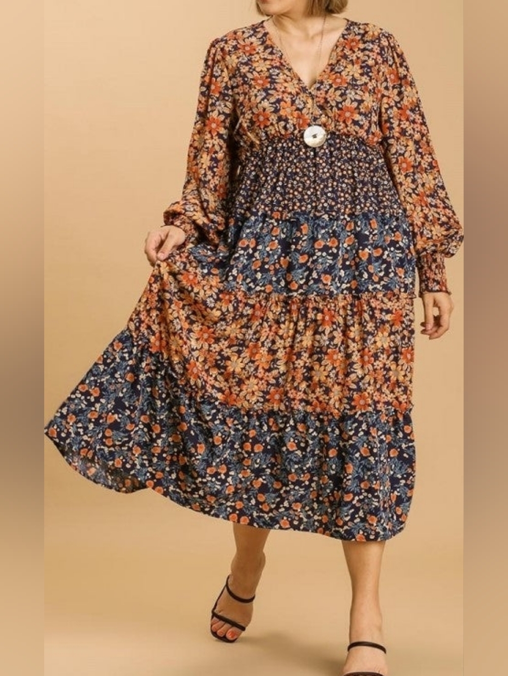 Umgee Exclusive Floral Print Midi Long Sleeve Dress - Picture 2 of 9